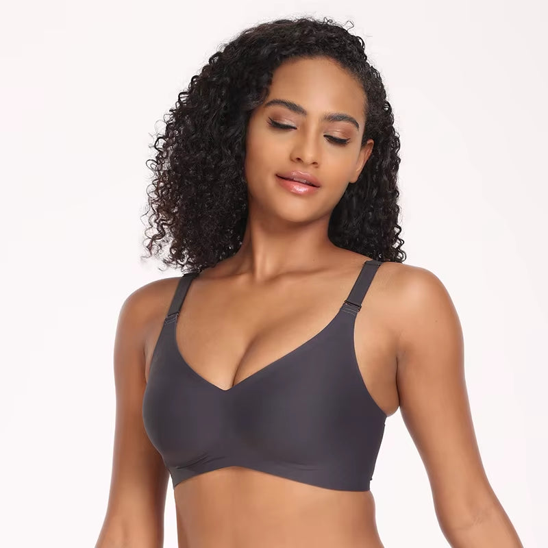 Seamless Bra, Wireless Nylon Spandex Bra & Stretch Full Coverage Bralette, V Neck Push up Sport Bra, Ice Silk Underwear